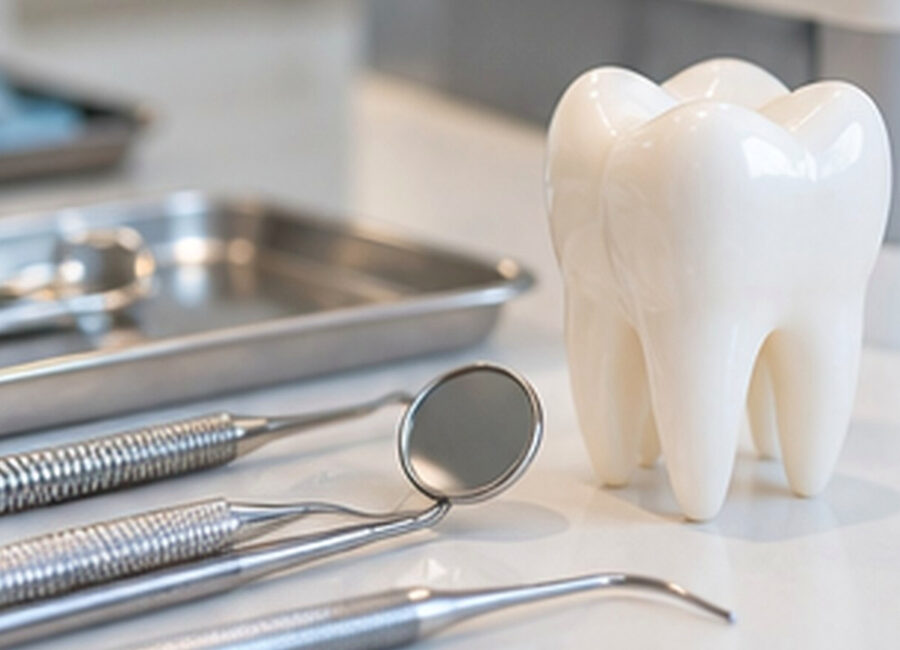 Instruments dentaires et modèle de dent sur un plan de travail clinique.